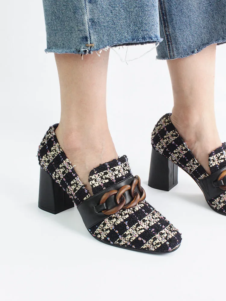 LUXE SEVEN DESIGN SQUARE TOE BLOCK HEELED SHOE WITH CHAIN DETAIL