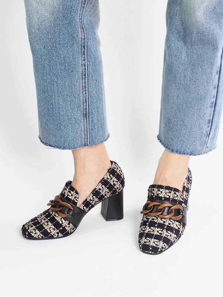 LUXE SEVEN DESIGN SQUARE TOE BLOCK HEELED SHOE WITH CHAIN DETAIL