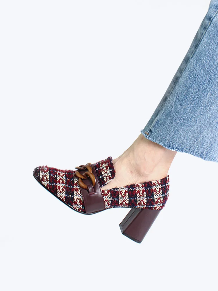 LUXE SEVEN DESIGN SQUARE TOE BLOCK HEELED SHOE WITH CHAIN DETAIL