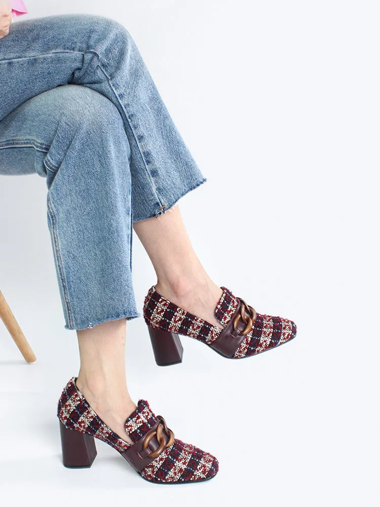 LUXE SEVEN DESIGN SQUARE TOE BLOCK HEELED SHOE WITH CHAIN DETAIL