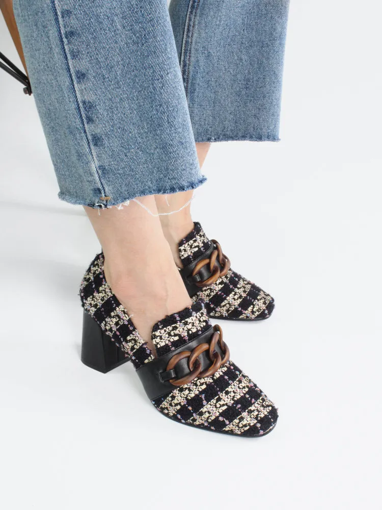 LUXE SEVEN DESIGN SQUARE TOE BLOCK HEELED SHOE WITH CHAIN DETAIL