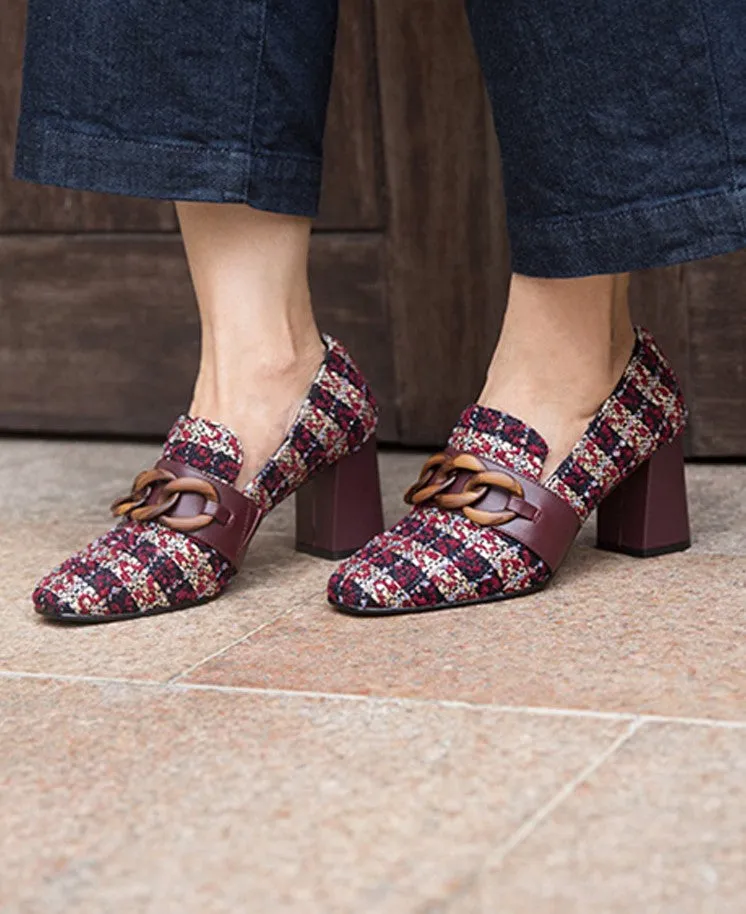 LUXE SEVEN DESIGN SQUARE TOE BLOCK HEELED SHOE WITH CHAIN DETAIL