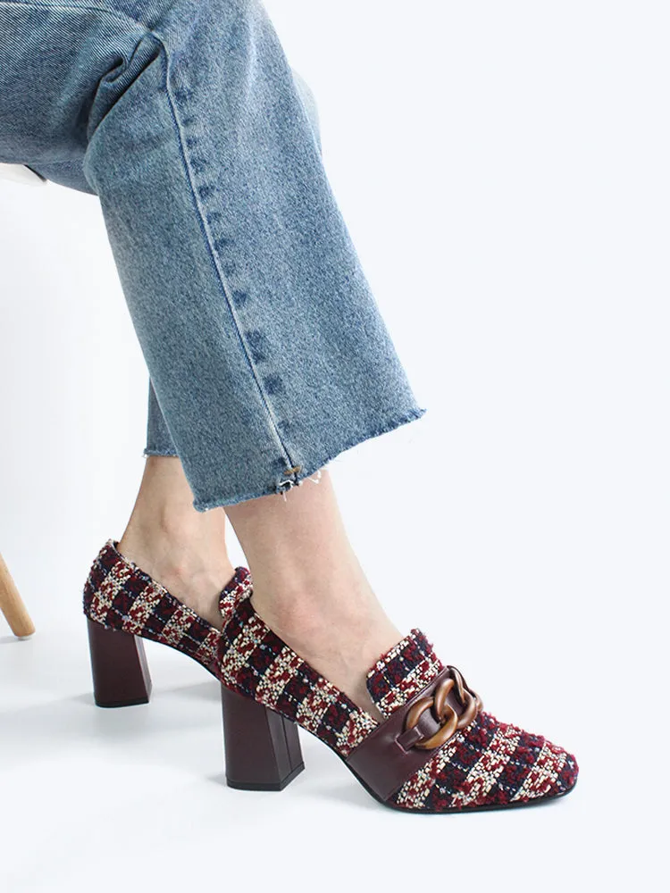 LUXE SEVEN DESIGN SQUARE TOE BLOCK HEELED SHOE WITH CHAIN DETAIL