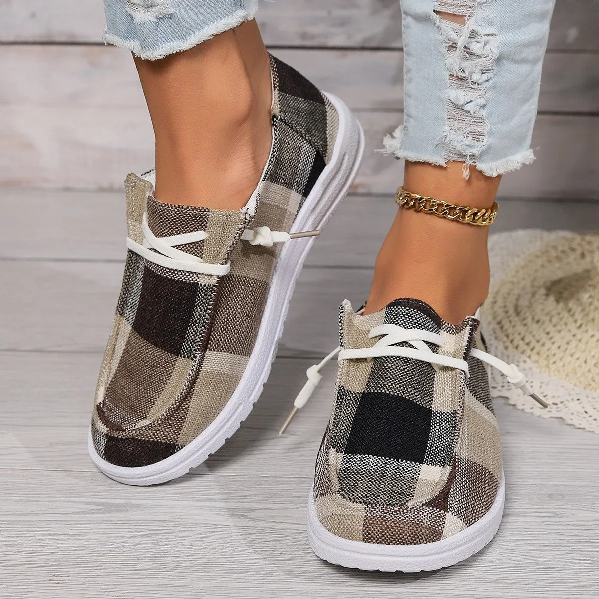 Plaid Round Toe Flat Slip-Ons