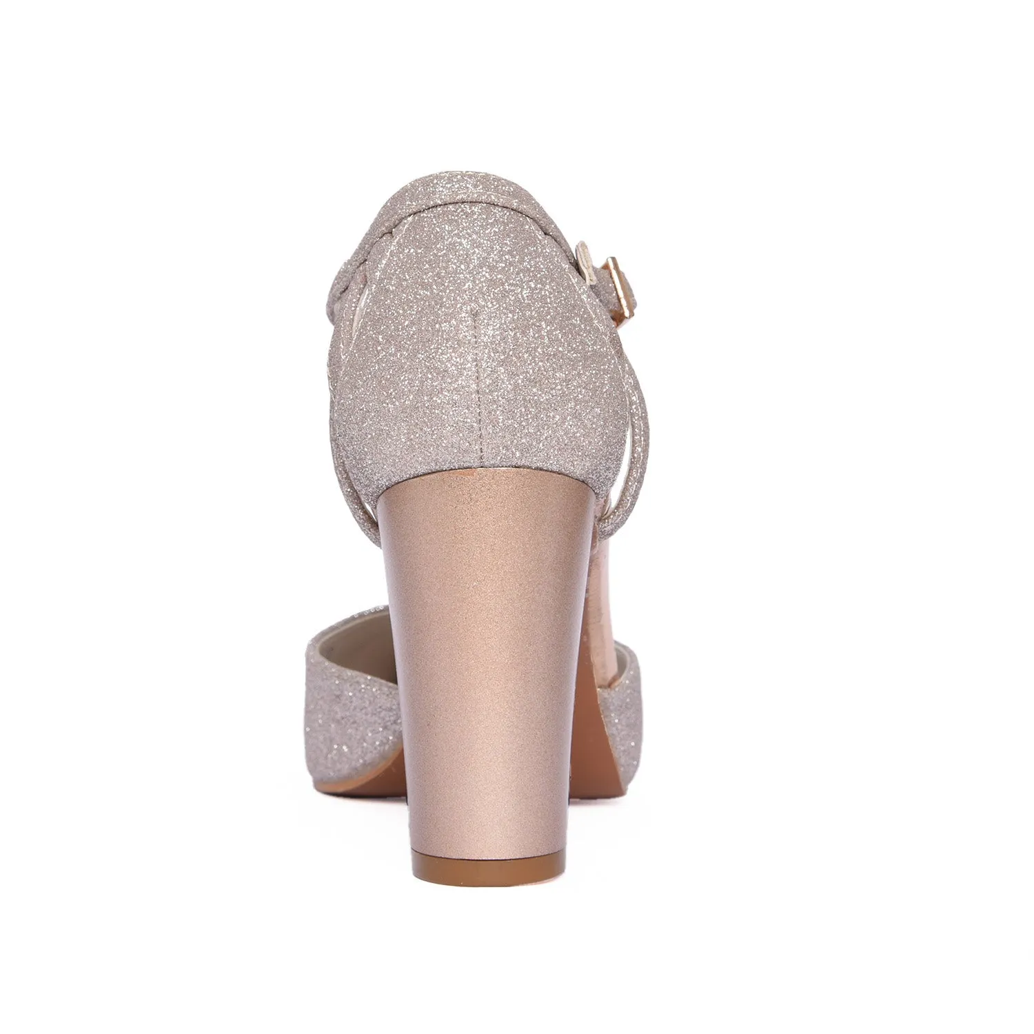 Sophisticated Beige Glitter Block Heel Pumps | 427L-PX