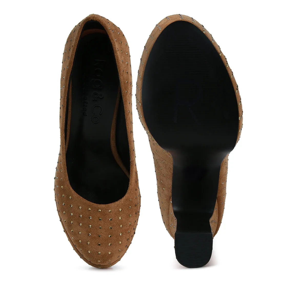 Tan Diamante Platform Heel Block Pumps