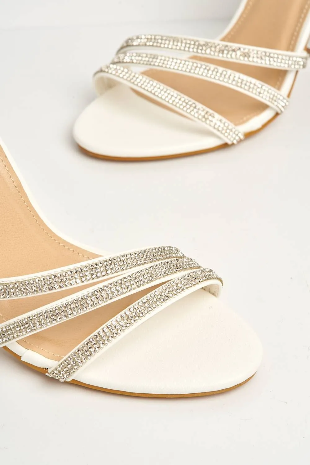 Theda Block Heel Diamante Embellished Ankle Strap Sandals in White PU