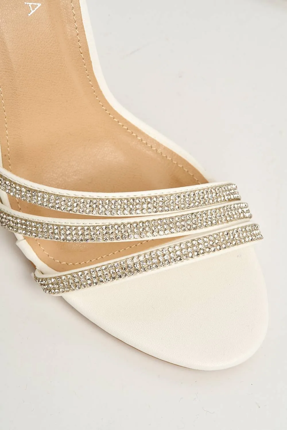 Theda Block Heel Diamante Embellished Ankle Strap Sandals in White PU