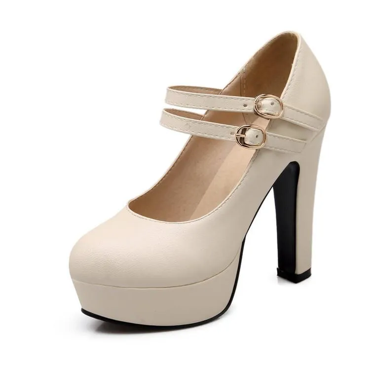 Woman High Heeled Buckle Platform Pumps