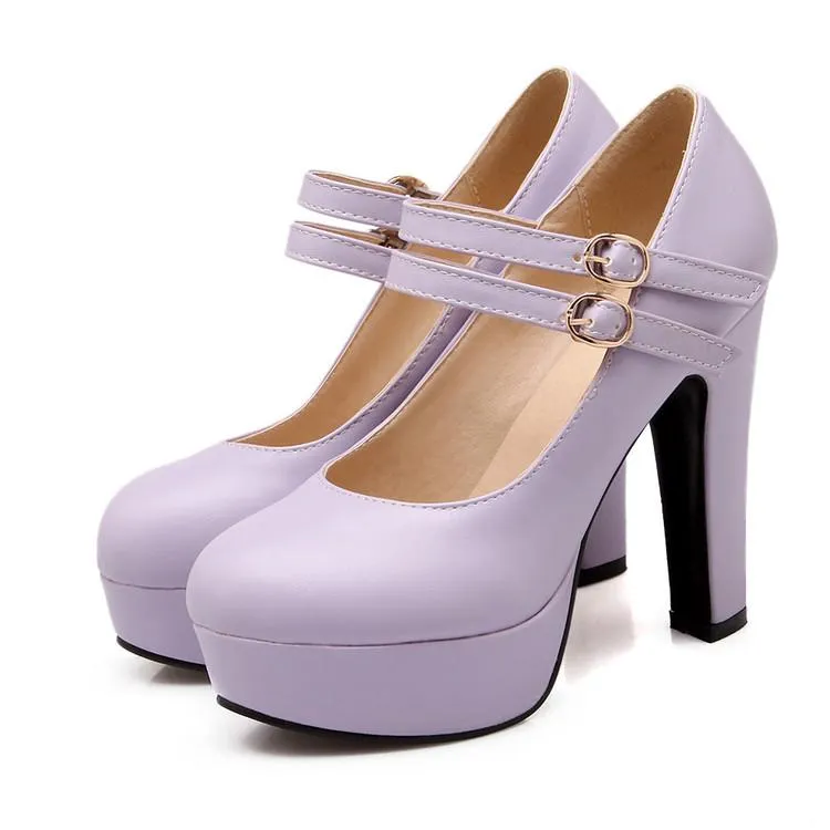Woman High Heeled Buckle Platform Pumps