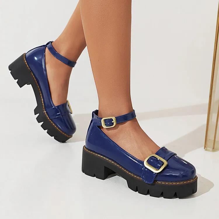 Women's Glossy Round Toe Belts Buckles Platform Pumps Chunky Heels Shoes